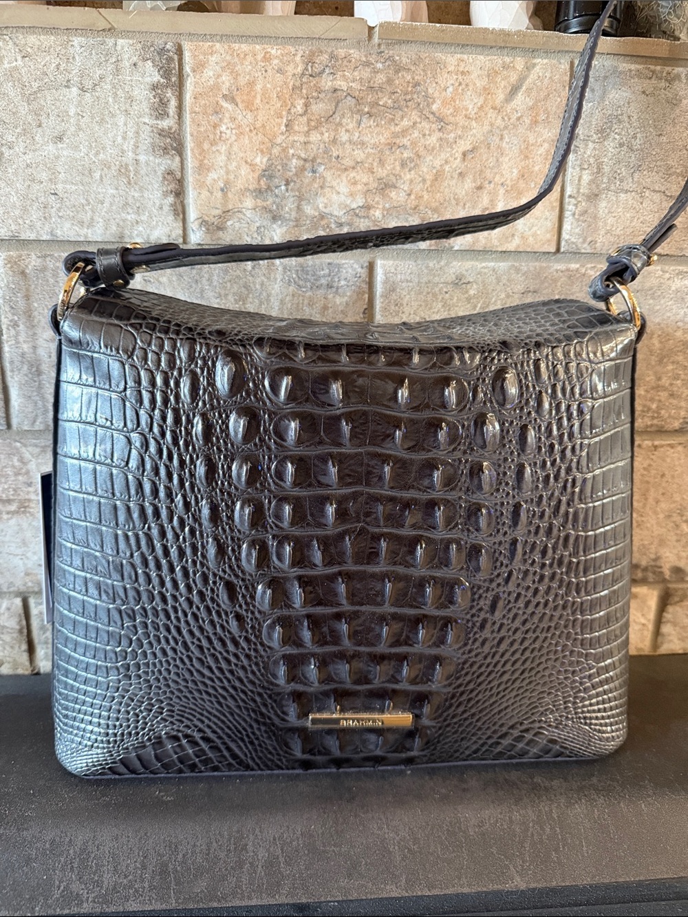 Brahmin Braelynn Charcoal Croc-Embossed Shoulder Hobo